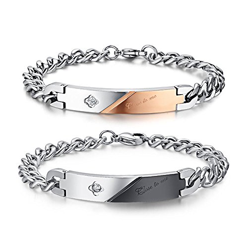 Kim Johanson Edelstahl Pärchen Armbänder "Close To Me" für verliebte Roségold & Schwarz mit Cubic Zirkonia Steinchen besetzt inkl. Schmuckbeutel Cover