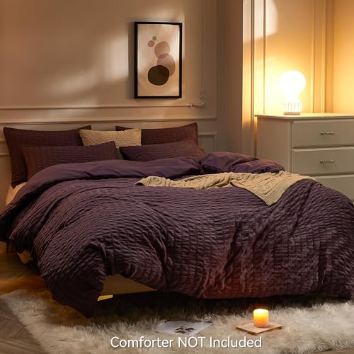 Image of JELLYMONI Seersucker Duvet Cover Set King, 3pcs Purple Polyester | In Spacious Master, Couples & Pets, Crinkled Texture, Oeko-Tex Certified, 8 Corner Ties & Hidden Zipper