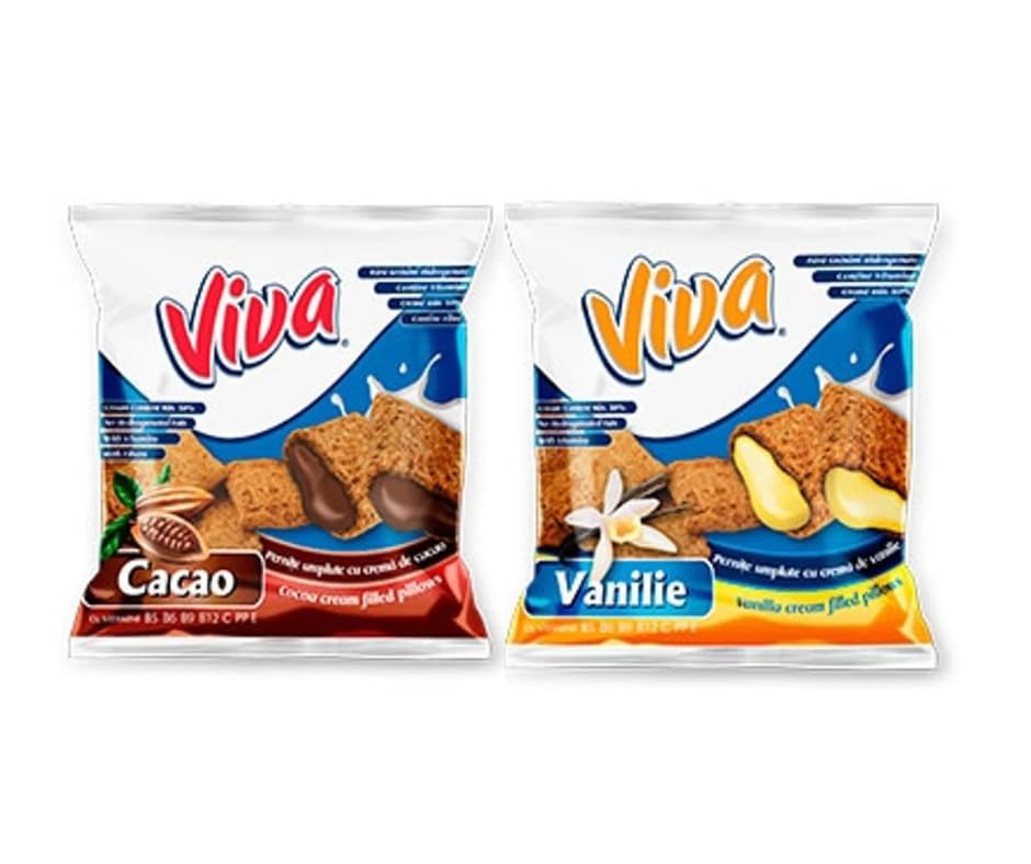 VIVA PILLOWS Cream-Filled Crunchy Pillow Snacks Variety Pack (Cocoa, Vanilla, Peanut & Strawberry) – Romanian Sweet Pillow Bites – 200g Each (Pack of 4)