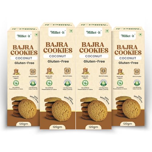 Image of Millet-it Bajra Coconut Cookie|Gluten Free Cookies|Millet jaggery Cookies|Sugarfree|Protien rich|Mineral rich|Kids & Adult (120gmx4) Pack of 4