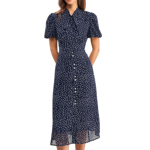 RIHOAS Women's Polka Dot Midi Dress - Tie Neck Lantern Sleeve A-Line Dress, Elegant Retro Style with Ruched & Slit for Daily Wear