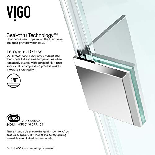 Vigo Vg6011Chcl48 30.25" -46.0" W -73.38" H Frameless Hinged Rectangle Shower Enclosure With Clear 0.38" Tempered Glass And Stainless Steel Hardware In Chrome Finish With Reversible Handle #TOP5