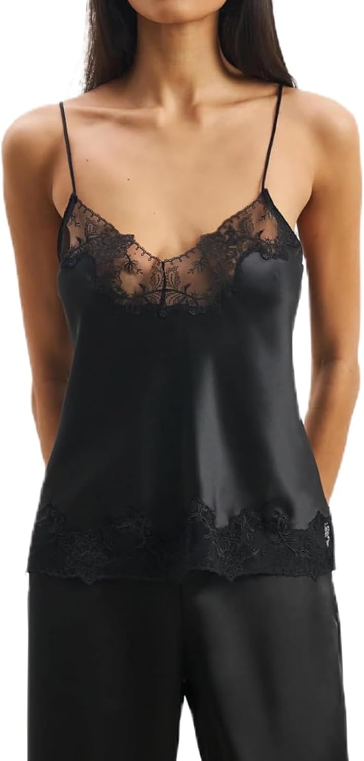 Lace Trim Satin Cami Top for Women Sleeveless Tank Tops Summer Sexy V Neck Spaghetti Strap Floral Lace Crop Camisole - Image 5