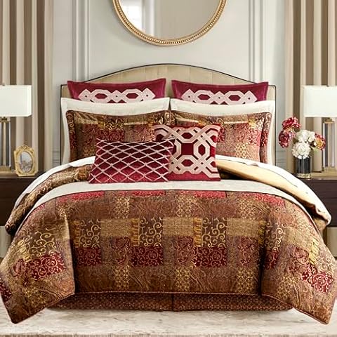 Croscill Galleria 4 Piece Jacquard Oversized Comforter Set, Luxury Traditional Patchwork Design Comforter Sets, Ultra Soft Bedding with 2 Pillow Shams, 1 Bed Skirt, Galleria, Queen, Red Cover