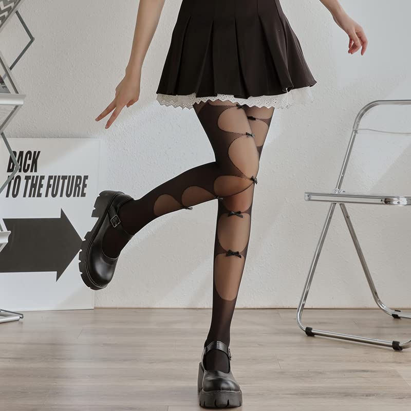Sahabowi Women Tights, Sheer High Waist Pantyhose, Vintage Control Top Stockings, Siwa 2: Front Bow Jacquard Black