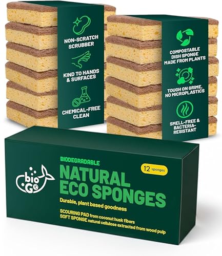 Image of bioGo 12 Pack Natural Biodegradable Kitchen Sponges - Eco-Friendly, Compostable, Cellulose Dish - Compostable - Biodegradable - Cellulose Sponge