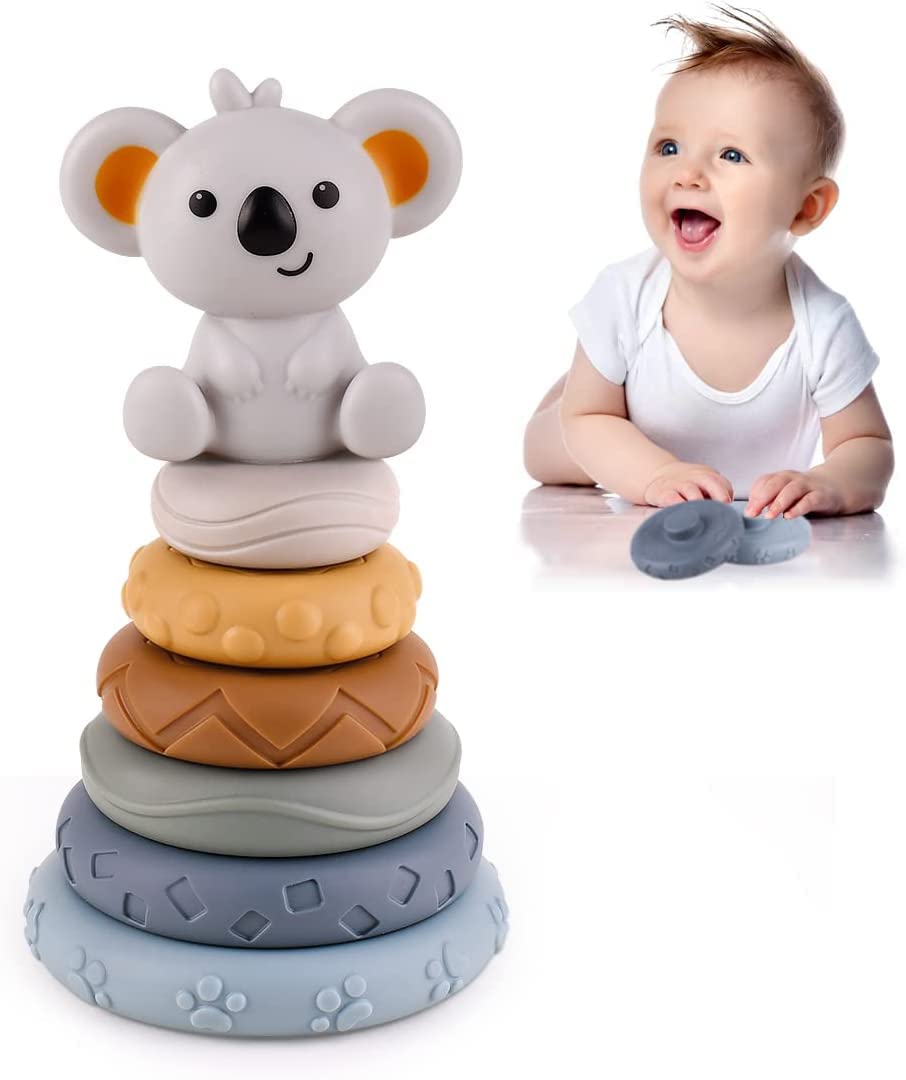 Baby Stacking Teething Toy 7PCS, LEHSGY Stacking Nesting Circle Toy, Soft Squeeze Building Blocks Sensory Toys, Soft Building Rings Stacker & Teethers, Early Learning Toys for Toddlers