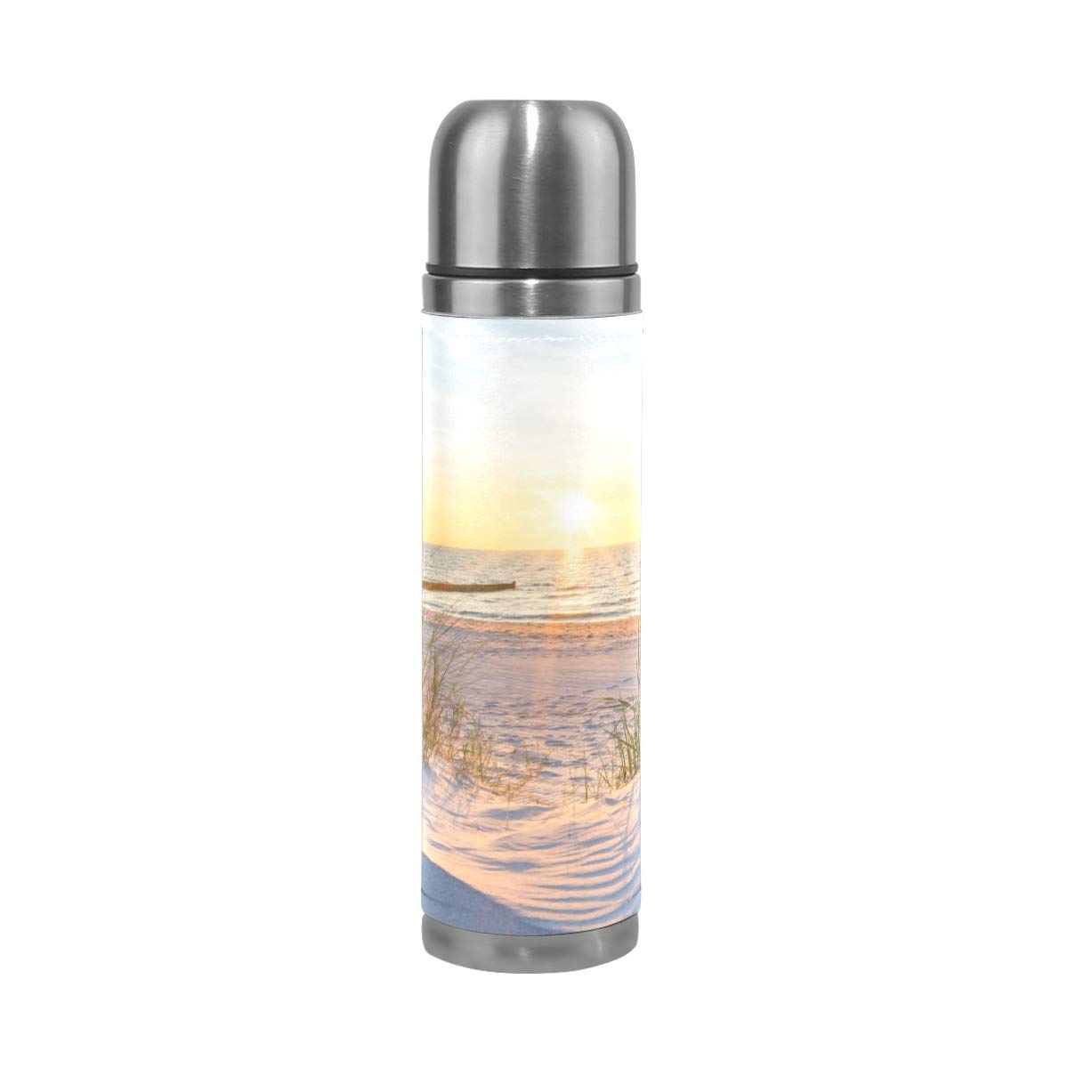 Taza de viaje aislada al vacío de acero inoxidable con doble pared a prueba de fugas, botella de atardecer costa playa personalizada impresa en cuero genuino termo termo envuelta 500 ml