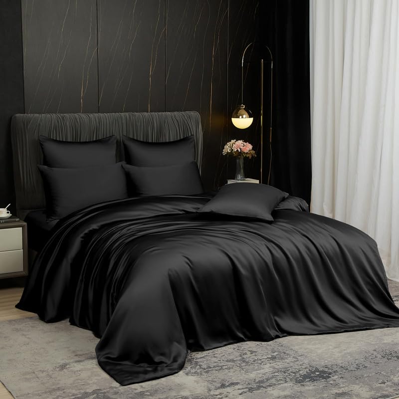 Gezu Parure de lit 140x200 Noir Bambou Tencel Lyocell Antibactérien Housse de Couette Soie Lisse...