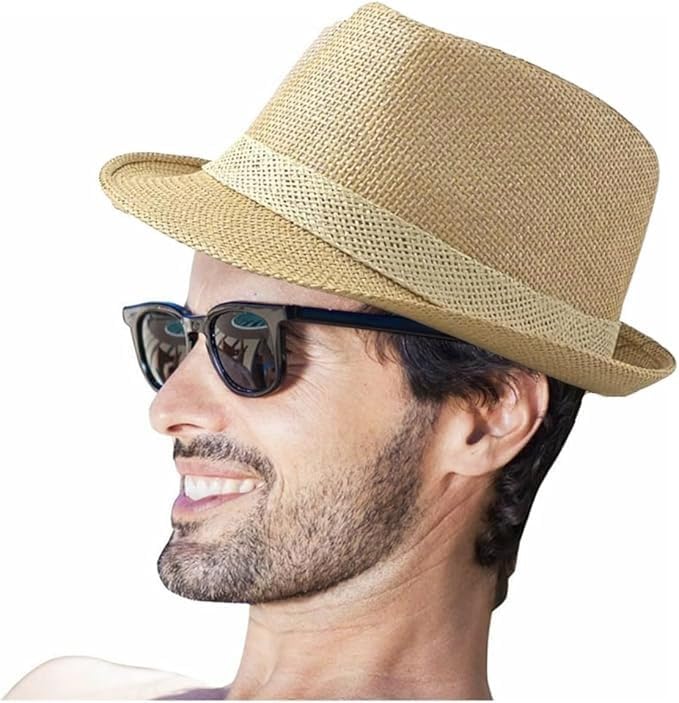 Image of Men Fedora Beach Sun Hat Women Panama Short Brim Sun Protection Straw Beach Hat Classic Foldable Packable Jazz Beach Sun Hat
