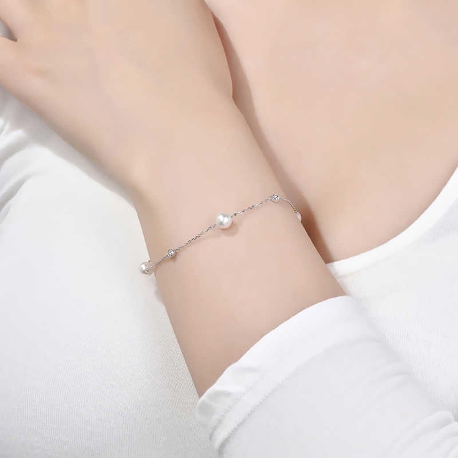 Pulseras de Mujer Oro Blanco 9 Kilates / 14 Kilates / 18 Kilates, Perlas 5.5-6 MM y Diamante, Cadena Extensible 16 CM + 5 CM, Pulsera de Ajustable Mujer Plata