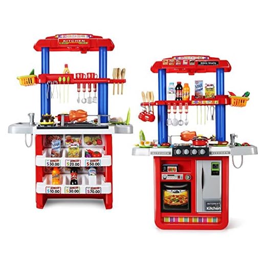 CUTE STONE 2-in-1 Kids Kitchen & Grill Playset, Large Play Kitchen with Realistic Lights & Sounds,Play Sink with Running Water, Kitchen Toy Set with Play Food and Kitchen Accessories Set