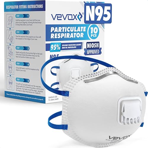 VEVOX N95 Masks for Adults NIOSH Approved 10 Pack Valved Particulate Respirator with Comfort-Plus Seal Dust Masks for Construction Work Sanding Woodworking Mold Drywall & Pollen