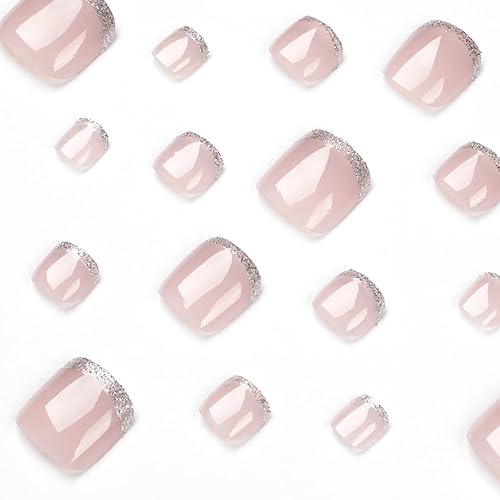 Miniatura 3 de Uñas postizas a presión, color rosa, uñas postizas francesas con diamantes de imitación para pegar en las uñas de los pies, uñas postizas acrílicas,