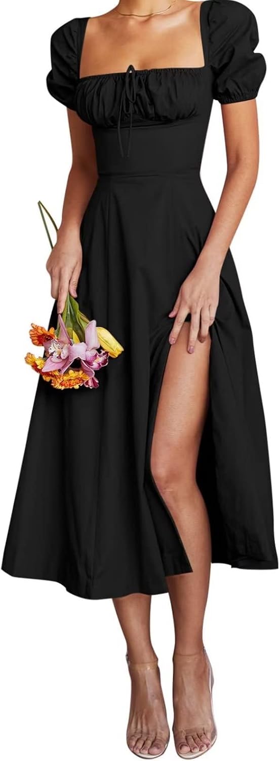 Linsery Women's Puff Sleeve Floral Maxi Dress Elegant Square Neck Cottagecore Boho Split Long Dresses X-Large Solid Black