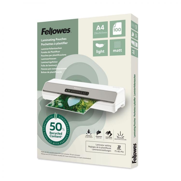 Fellowes A4 etui do laminowania - 100 sztuk, matowe wykończenie, 75/80 mikronów, 50% tworzywo sztuczne z recyklingu - idealne do biura i szkoły