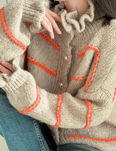 QIBABU Womens Striped Cardigan Sweaters Casual Button Down Chunky Ruffle Open Front Knit Outwear3