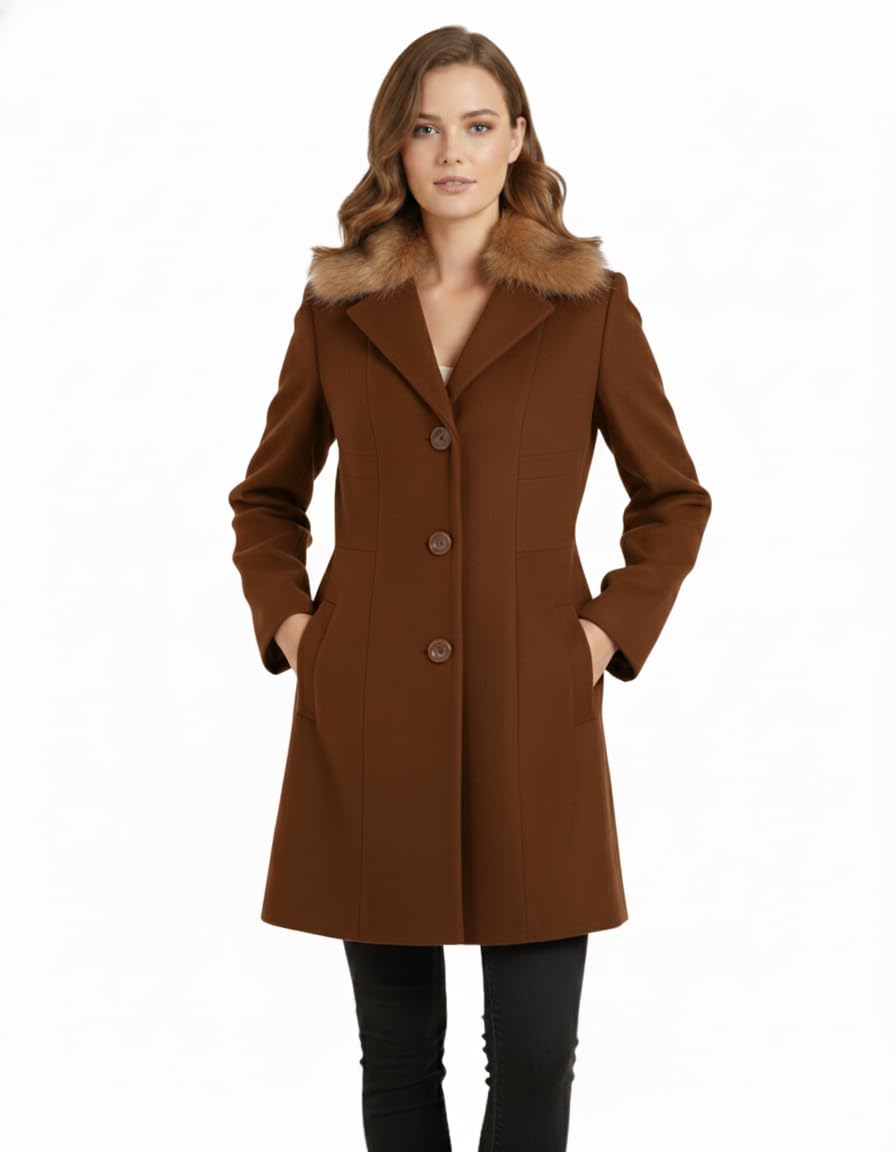 hautemoda Women's Classic Wool Blend Winter Coat, Mid-Length Trench Style, Faux Feather Collar, Black-picture-43