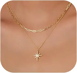 Gold Necklace for Women Dainty Layered Diamond Necklace Trendy 14K Gold Plated Paperclip Choker Necklaces Cute Minimalist Open Oval Star Necklaces Jewelry for Women Gifts