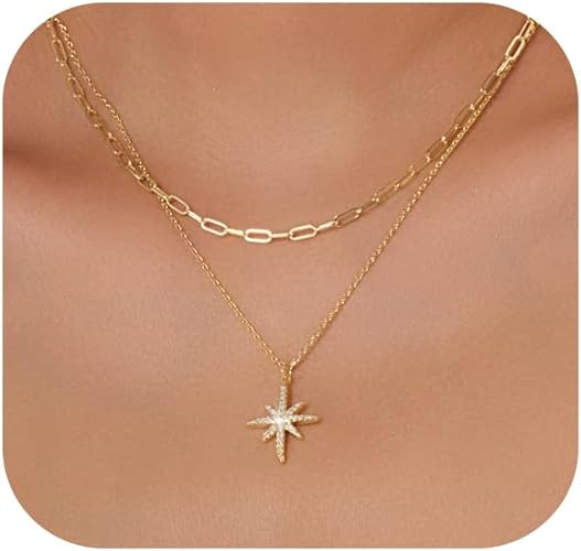 Gold Necklace for Women Dainty Layered Diamond Necklace Trendy 14K Gold Plated Paperclip Choker Necklaces Cute Minimalist Open Oval Star Necklaces Jewelry for Women Gifts