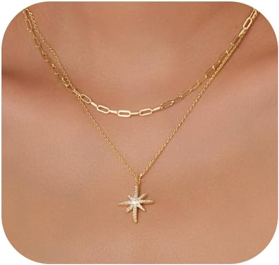 Gold Necklace for Women Dainty Layered Diamond Necklace Trendy 14K Gold Plated Paperclip Choker Necklaces Cute Minimalist Open Oval Star Necklaces Jewelry for Women Gifts