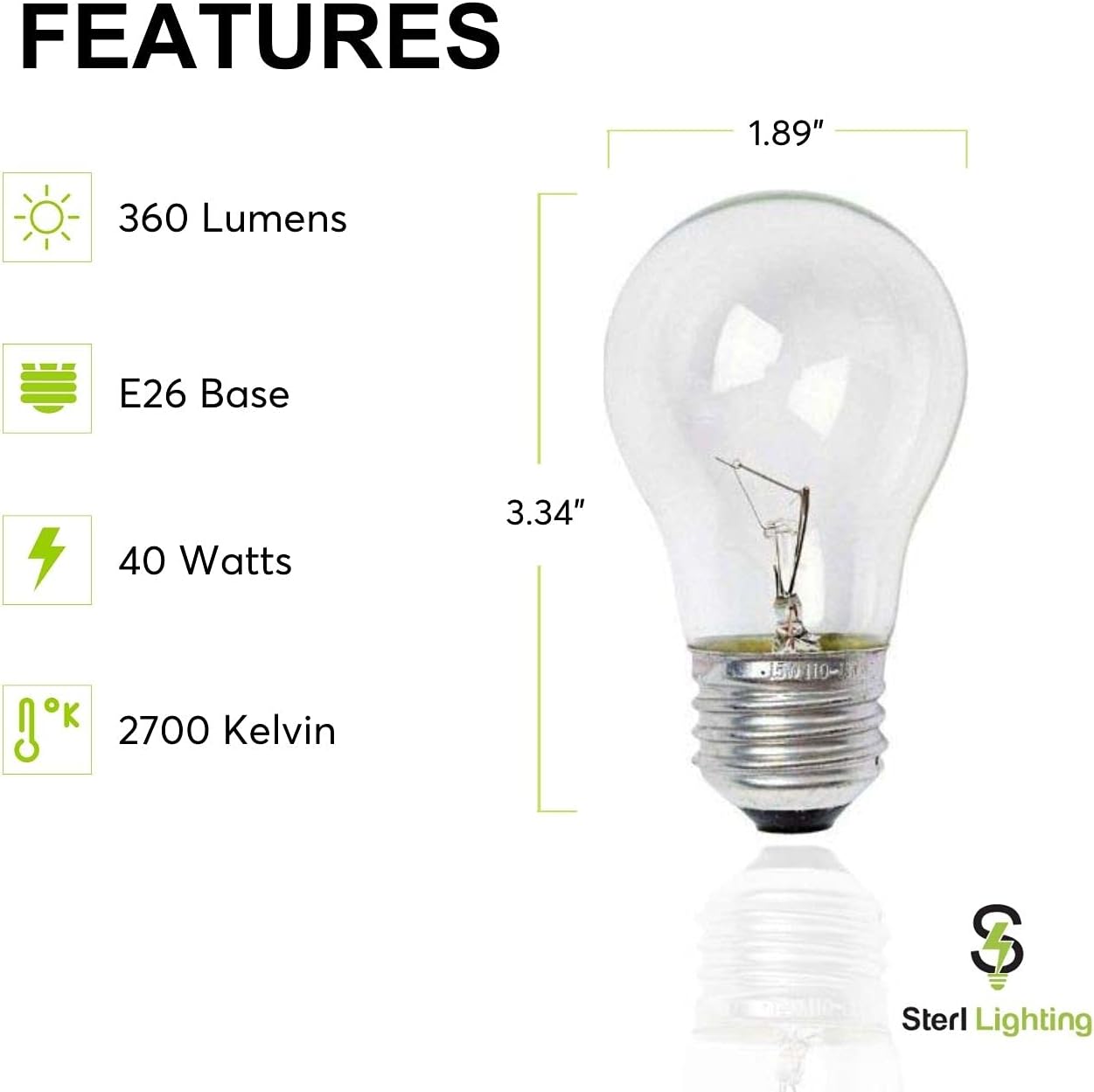 Sterl Lighting - 40 Watt A15 Ceiling Fan Light Bulbs, E26 Medium Standard Household Base, Incandescent Appliance for Oven, Refrigerator & Stove 3.34In 120V 360Lm 2700K Warm White Crystal Clear - 6 Pack