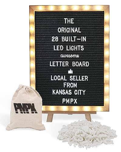 Letter Board THE ORIGINAL Black Felt Board with Stand, Built-in LED Lights 12 x 16 -Menu Board + Wood Frame, 690 Letters, Emojis + Cursive words - Custom Sign Messages