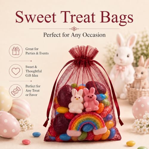 Image of ANZNKU 100 PCS Organza Bags 5 x 7, Burgundy Small Mesh Gift Bags Drawstring