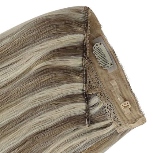 Image of YoungSee Wire Hair Extensions Human Hair Highlight Hair Extensions Wire Light Brown Highlights with Blonde One Piece Hair Extension Real Human Hair Dyable Remy Hair 18Inch 85G