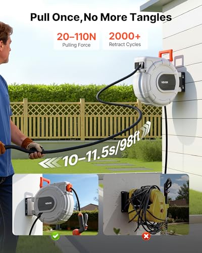 Image of VEVOR Retractable Garden Hose Reel, 1 /2 in x 50 ft, Wall Mounted Hose Reel with 9-Function Sprayer Nozzle and 180 Swivel Bracket, Any Length Lock, Automatic Slow Rewind System, for Garden Watering