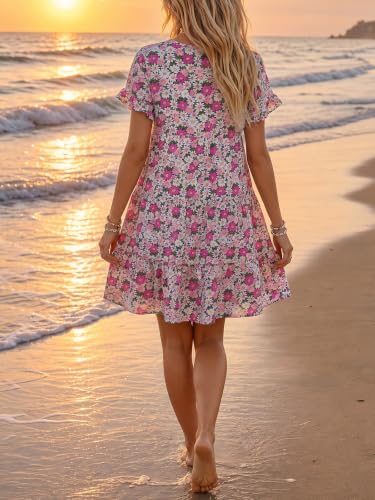 Image of Chuanqi Womens Ruffles Boho Floral Printed Babydoll Loose Swing Casual Short Mini T-Shirt Dress
