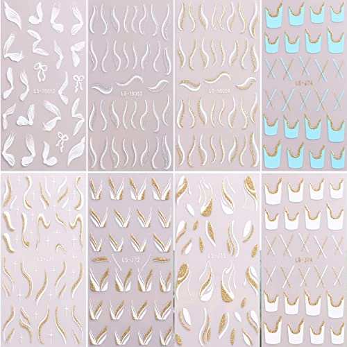 French Tip Nail Art Stickers Wave Geometry Swirl Stripe Line Design Nail Decals 3D Self-Adhesive Glitter Feather Ribbon Nail Art Supplies Diy Nail Accessories Decorations Manicure For Women Girls 8 Sheets #TOP6