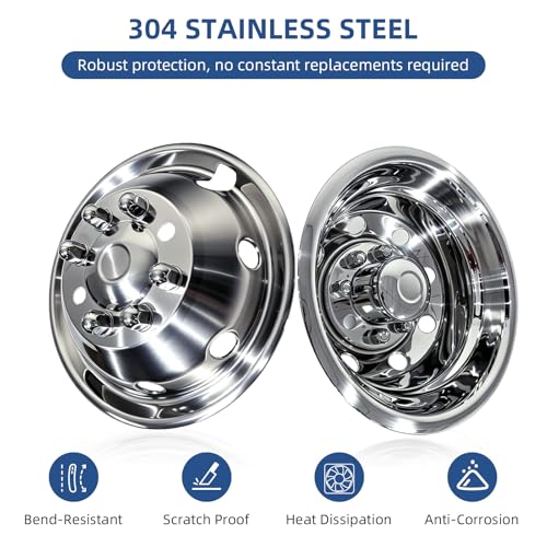 Image of hightall 16 Wheel Simulators, 16 inch 8 Lug 8 Vent Holes,Stainless Steel RV Hubcaps,Polished Surface,2Pcs Front Wheel /2Pcs Rear Wheel,Bolts On Wheel Cover Compatible with Ford 1992-2007 E-350 /E450 Dually