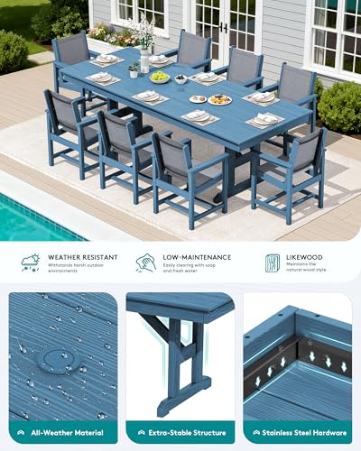 Image of SERWALL 9 Piece Outdoor Dining Set, 84 inch HDPE Outdoor Large Table and Textilene Sling Chairs for 8,All Weather Patio Dining Furniture Set with Umbrella Hole for Backyard, Garden, Blue