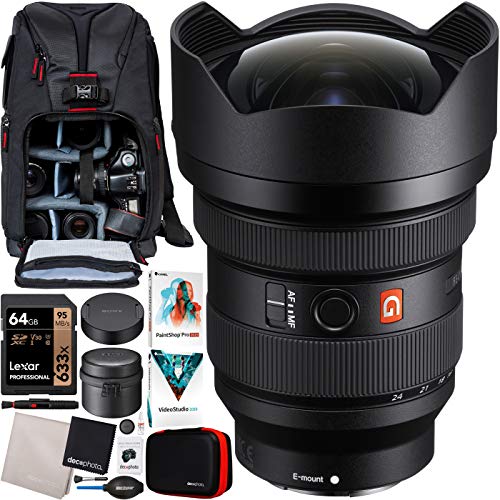 Sony FE 12-24mm F2.8 GM G Master Full Frame Ultra-Wide Zoom E-Mount Lens SEL1224GM for Mirrorless Cameras Bundle with Deco Gear Photography Sling Backpack + Photo Video Software Kit and Accessories