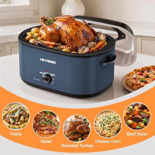 Image of 30 Quart Large Turkey Roaster with Defrost & Warm Functions, Electric Roaster Oven with Visible Self-Basting Lid, Adjustable Temperature Control, Removable Pan & Rack, Stainless Steel, Blue