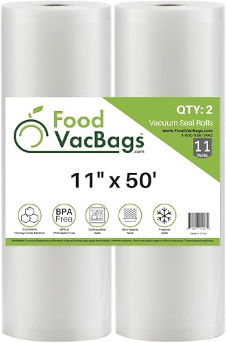 Paquete de 2 rollos FoodVacBags de 11 x 50 2794 cm x 1524 m de bolsas gofradas de calidad comercial para selladoras al vacío Sous Vide y Foodsaver