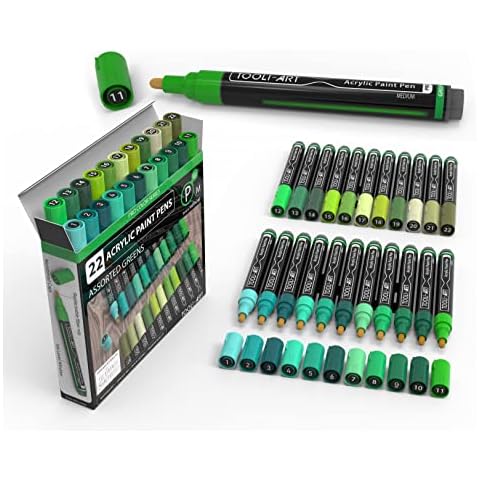 TOOLI-ART Acrylic Paint Pens 22 Assorted Pro Colour Series Markers Set 3mm Medium Tip for Rock Painting, Glass, Mugs, Wood, Metal, Canvas, DIY Projects, Non Toxic, Waterbased, Quick Drying. (GREENS) Cover