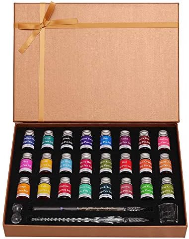 UBEART Glass Dip Pen Ink set,28 Pieces Glass Calligraphy Set Includes 24 Colors Ink Cleaning Cup Pen Holder 2 Crystal Glass Pens,Calligraphy Kit Ideas for Birthday Graduation Gifts Beginners,Gold Box