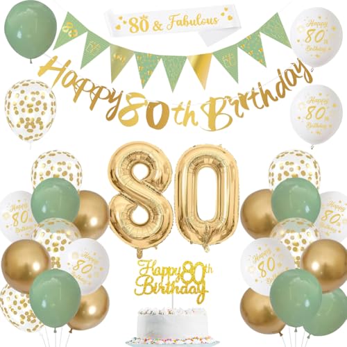 Sage Green Gold White 80th Birthday Banners Balloons Cake Topper Sash Bunting Flags Number Helium Balloons for Men & Womens 80th Party Decor