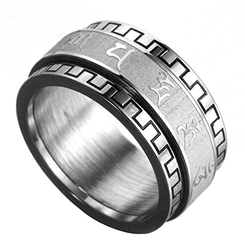 HIJONES Damen Edelstahl Buddhistischen Mantra Om Mani Padme Sum Glück Spinner Ring Band 10 Mm Silber Ton Größe 52