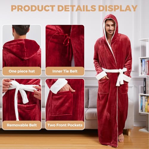 Image of FashGudim Mens Robes Big and Tall with Hood Two-Tone Flannel Fleece Contrast Bathrobe Full Length Plush Long Robe House Coat