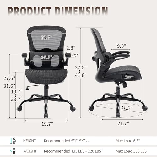 Office Chair, Ergonomic Desk Chair with Adjustable High Back 2D Lumbar Support Flip-up Armrests, Executive Breathable Mesh Comfy Swivel Rolling Computer Task Chair for Home Office Study Work Gaming - Image 3