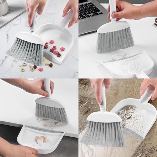 Image of NACENA Small Dust Pan and Brush Set, Mini Broom and Dustpan Set Small Hand Broom and Brush Combo Dust Pan with Teeth for Home Cleaning Drawers Desktop Sofas and Outdoor, White & Gray