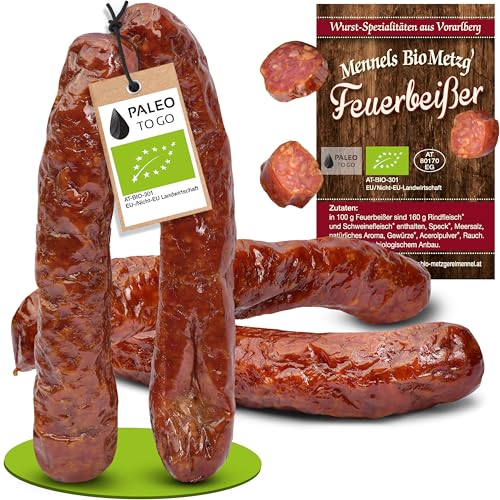 BIO Pfefferbeißer/Feuerbeißer – Rohwurst aus Rind & Schwein, nicht scharf – Snackwurst, zuckerfrei & glutenfrei – Handgemachte Bio Bauernwürste (1 x 2 Paar, 140, gramm)