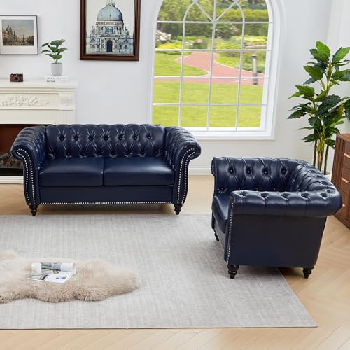 Image of QHITTY 2 Piece Living Room Set, Sectional Chesterfield Sofa Chair Contemporary Upholstered Leather Loveseat Couch Sets for Living Room, Office (Blue)