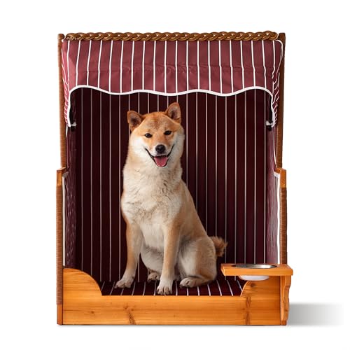 Relaxdays Hundestrandkorb Rattan mit Napf Hundesessel mit Dach HBT: 95x75x65 cm Garten & Terrasse Holz dunkelrot