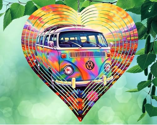 10 Inch VW Bus Hippie Flowers Heart Shaped Wind Spinner Yard Decor Aluminum Sublimated Garden Art Indoor Outdoor 3D Kinetic