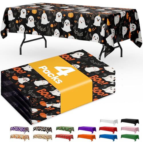 Image of Niuara Halloween Black Plastic Table Cloth - 4 Pack 54 inch x 108 inch Rectangle Disposable Tablecloths for 6FT Tables, Table Cover for Party, Holiday & Gathering Use