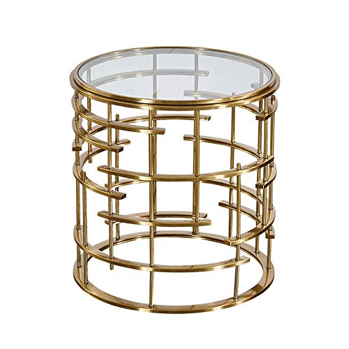 Table basse en acier inoxydable brossé avec comptoir en verre trempé transparent et cadre doré – Pièce de décoration moderne pour salon